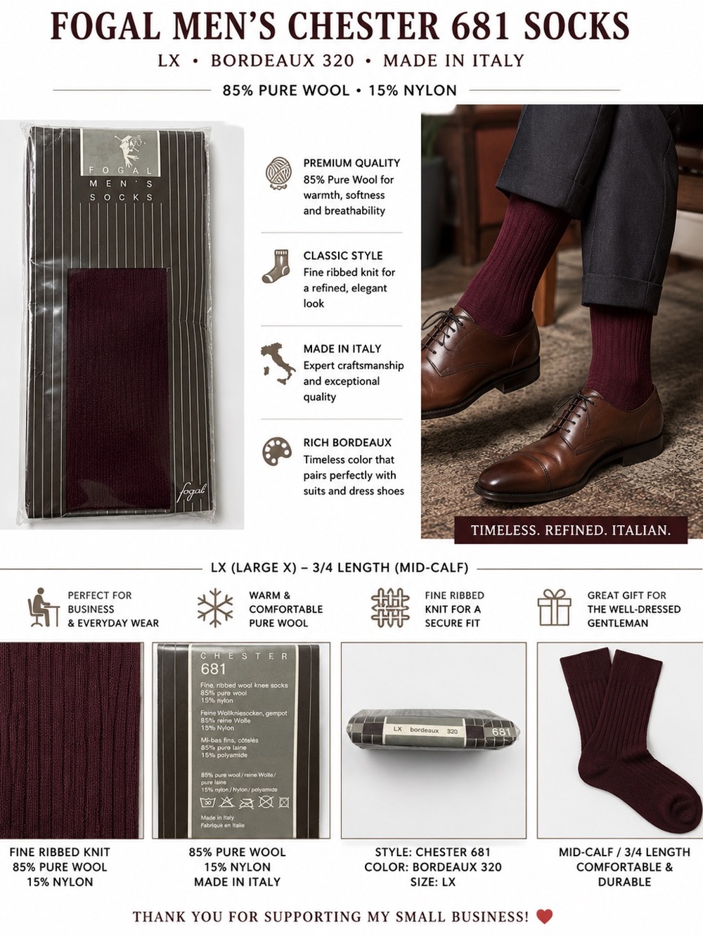 Fogal Men’s Chester 681 Wool Dress Socks LX Bordeaux 320 Made Italy NOS